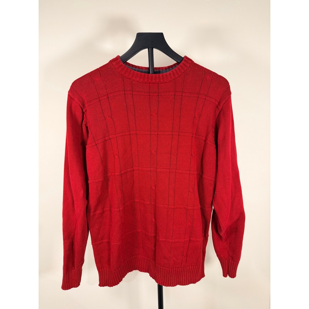 Oscar de la Renta Mens Red 100% Cotton Textured Cable Knit Crewneck Sweater L